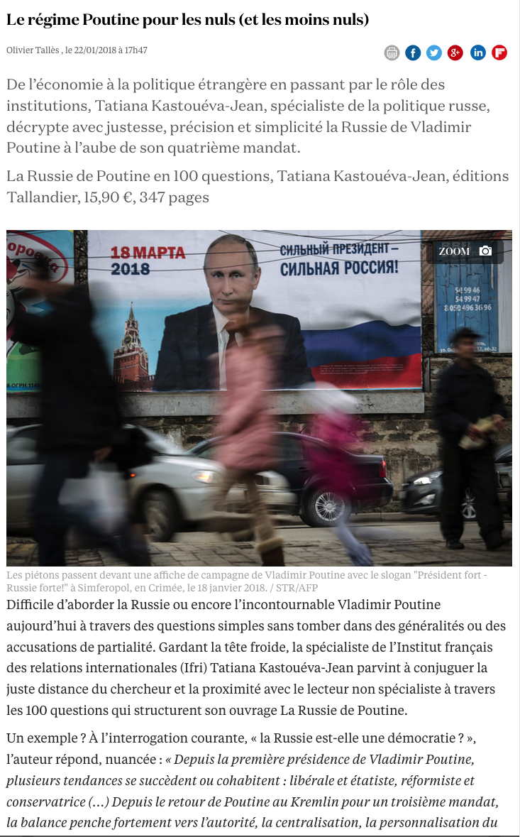 Page Internet. la-croix.com. Le régime Poutine pour les nuls (et les moins nuls), par Olivier Tallès. 2018-01-22
